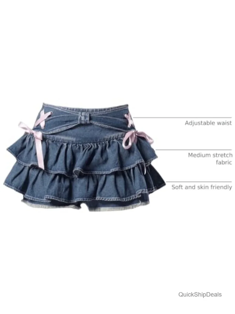 Women's Bow Low Waist Retro Pleated Denim Skirt with Adjustable Waist and